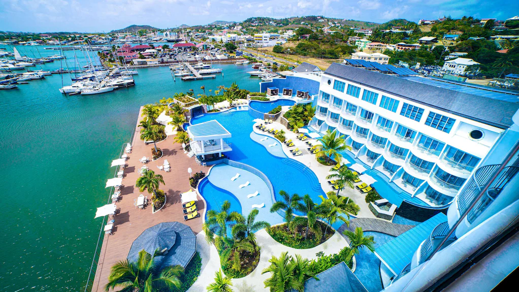 Harbor Club St. Lucia Curio Collection by Hilton modern boutique hotel with infinity pool overlooking Rodney Bay Marina.