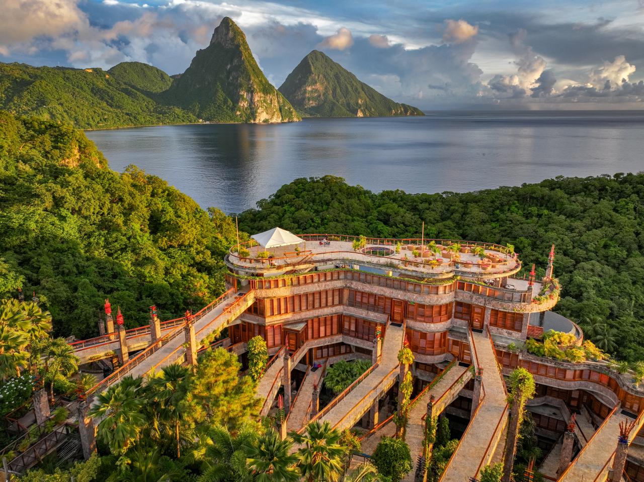 Jade Mountain St. Lucia luxury resort with open-air infinity pool sanctuaries, Piton views, and dramatic architectural design.
