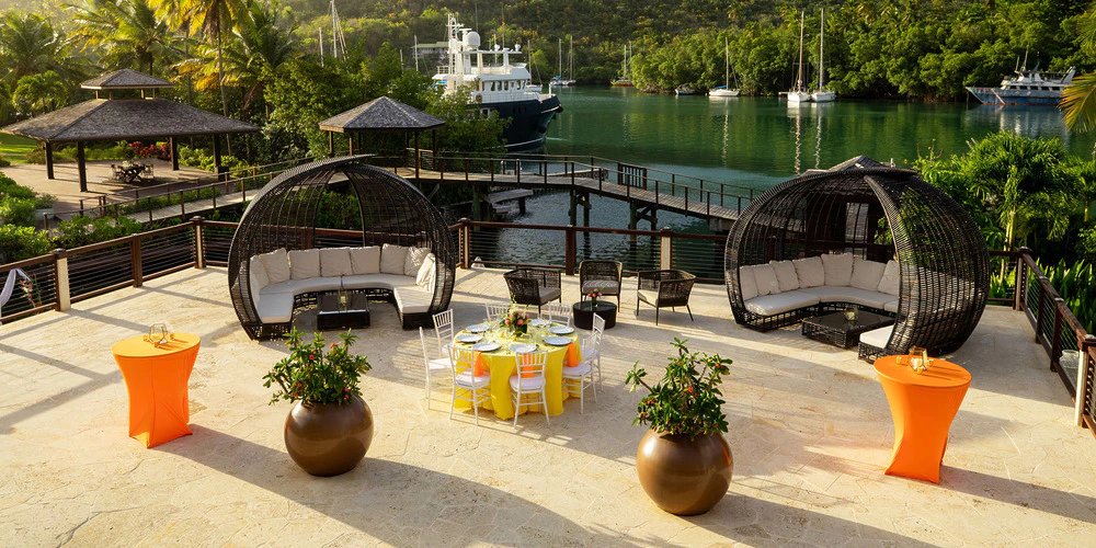 Observation Deck wedding reception setup overlooking Marigot Bay at Zoetry Marigot Bay St. Lucia