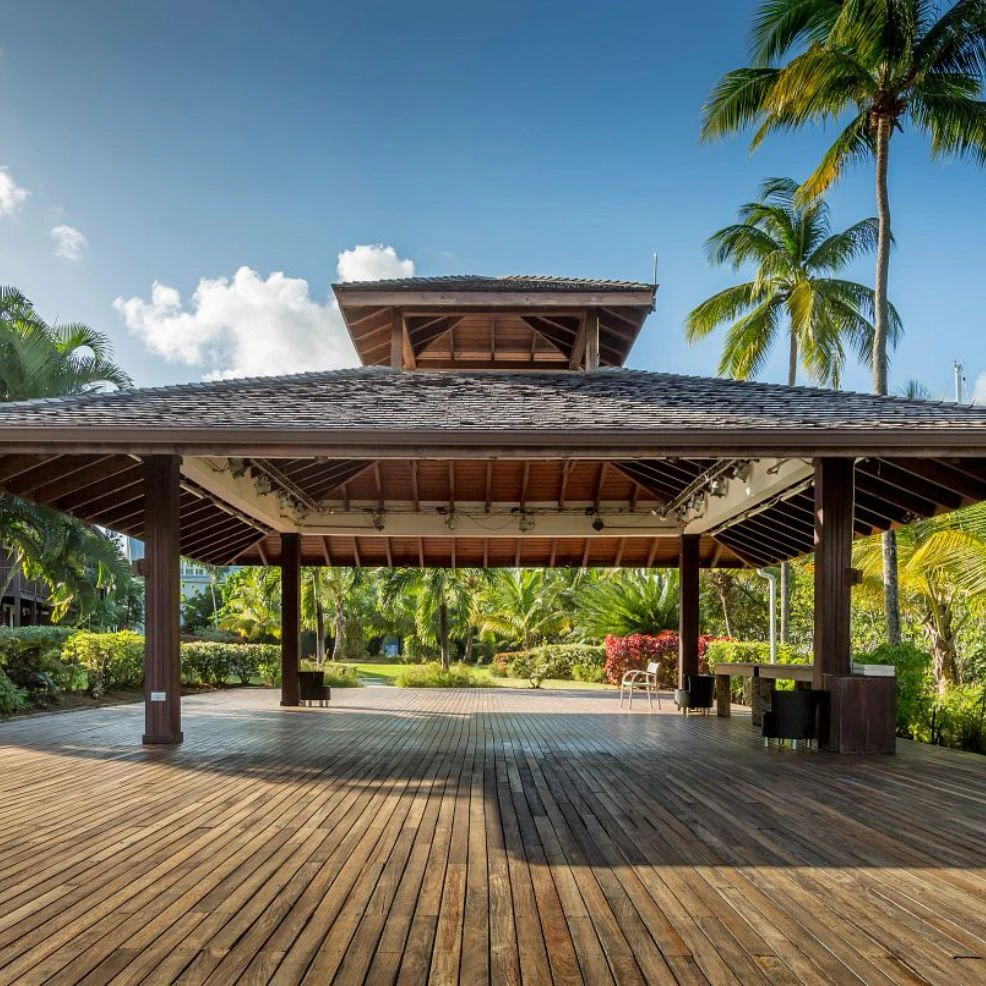 Palm Pavilion Deck open-air wedding venue with wooden pavilion at Zoetry Marigot Bay St. Lucia