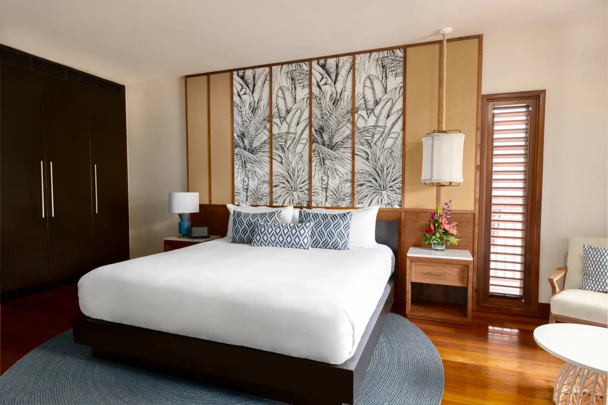 King bedroom in Junior Suite Bay View at Zoëtry Marigot Bay St. Lucia.