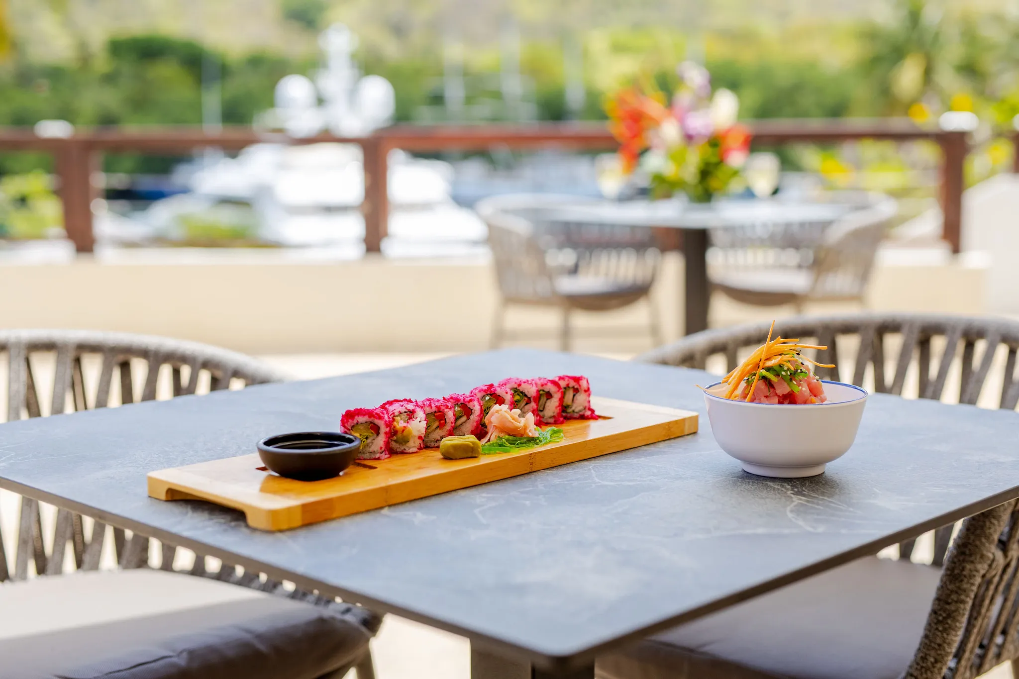 Sushi roll and fresh seafood dish served at Le Bateau restaurant at Zoëtry Marigot Bay St. Lucia.